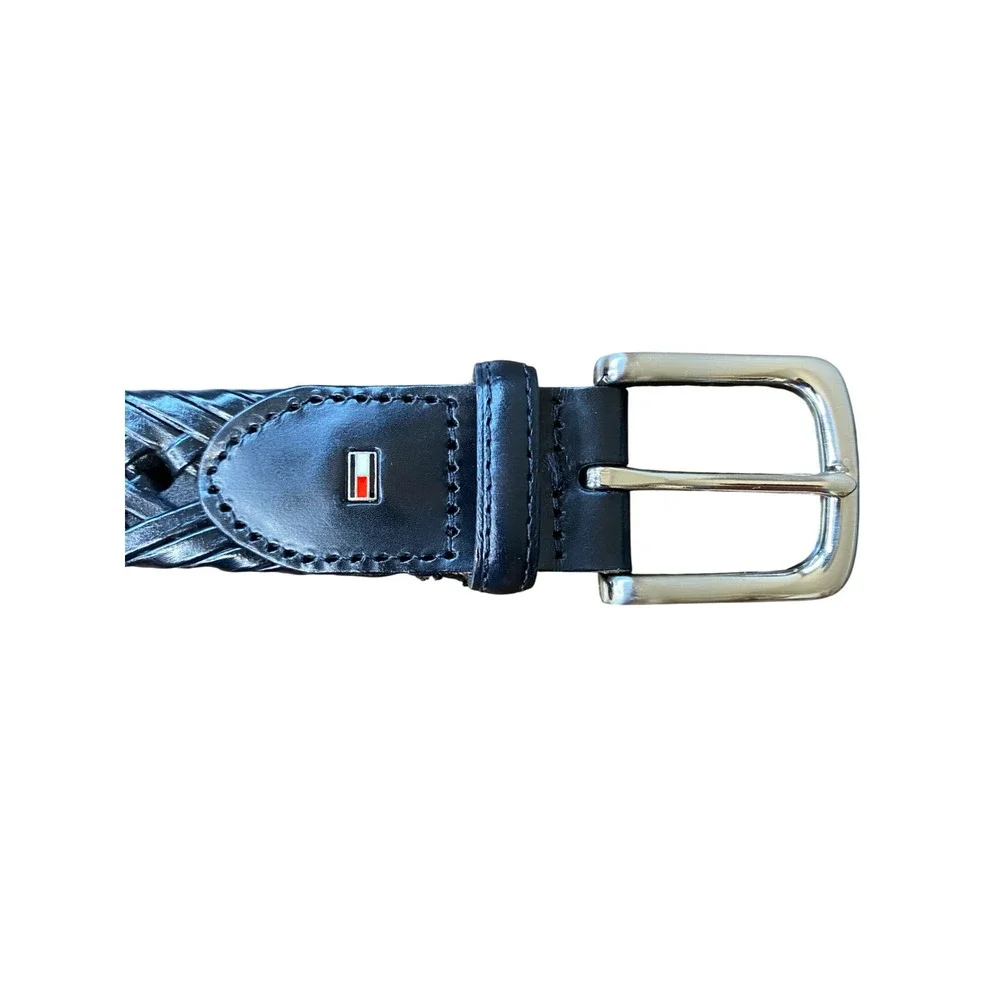 Tommy Hilfiger Mens Braided Woven Leather Trim Belt Black TKBC 40/100